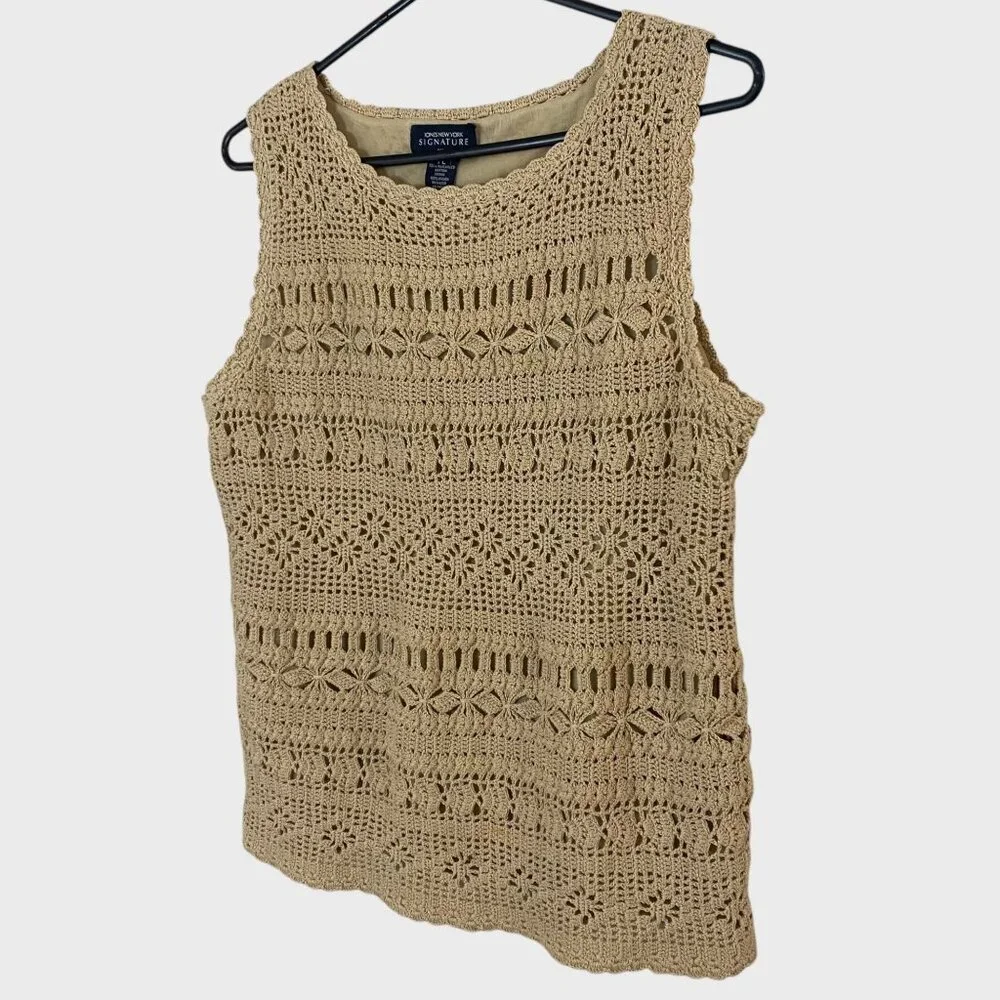 Jones New York Lined Crochet Sleeveless Top Tan Women's Petite Large Casual Boho - Picture 2 of 9